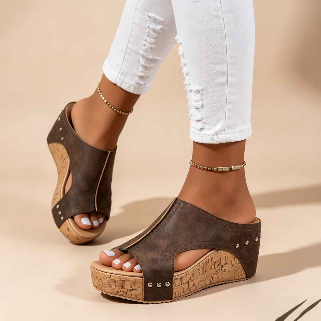 Women's Peep Toe Cork Wedge Platform Mules with Studs