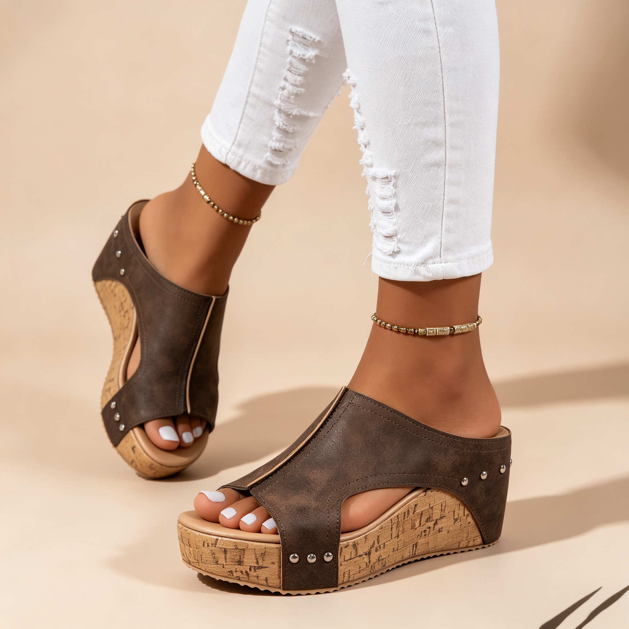 Women's Peep Toe Cork Wedge Platform Mules with Studs