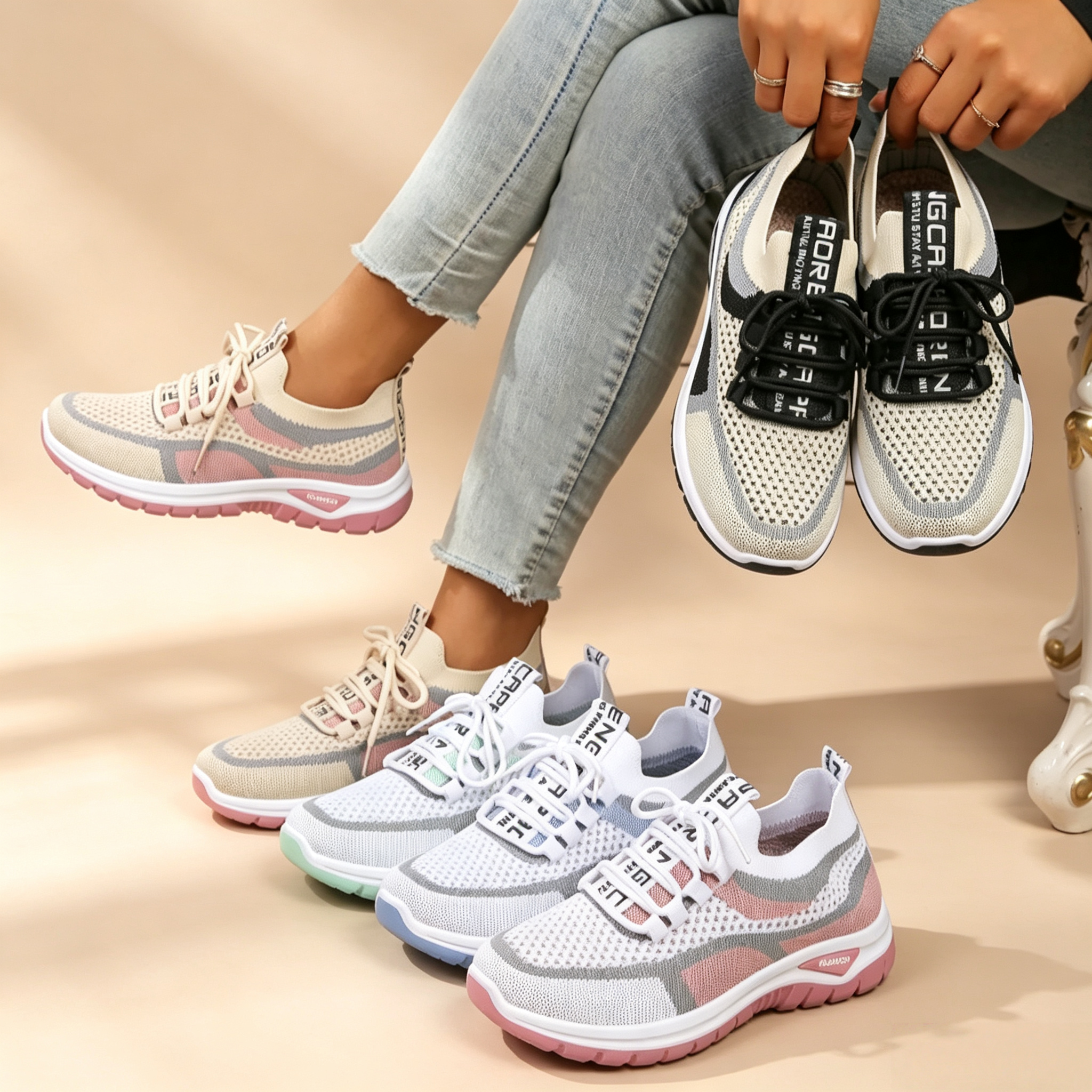 Women's Breathable Mesh Colorblock Sneakers – Lightweight Lace-Up Casual Sports Shoes