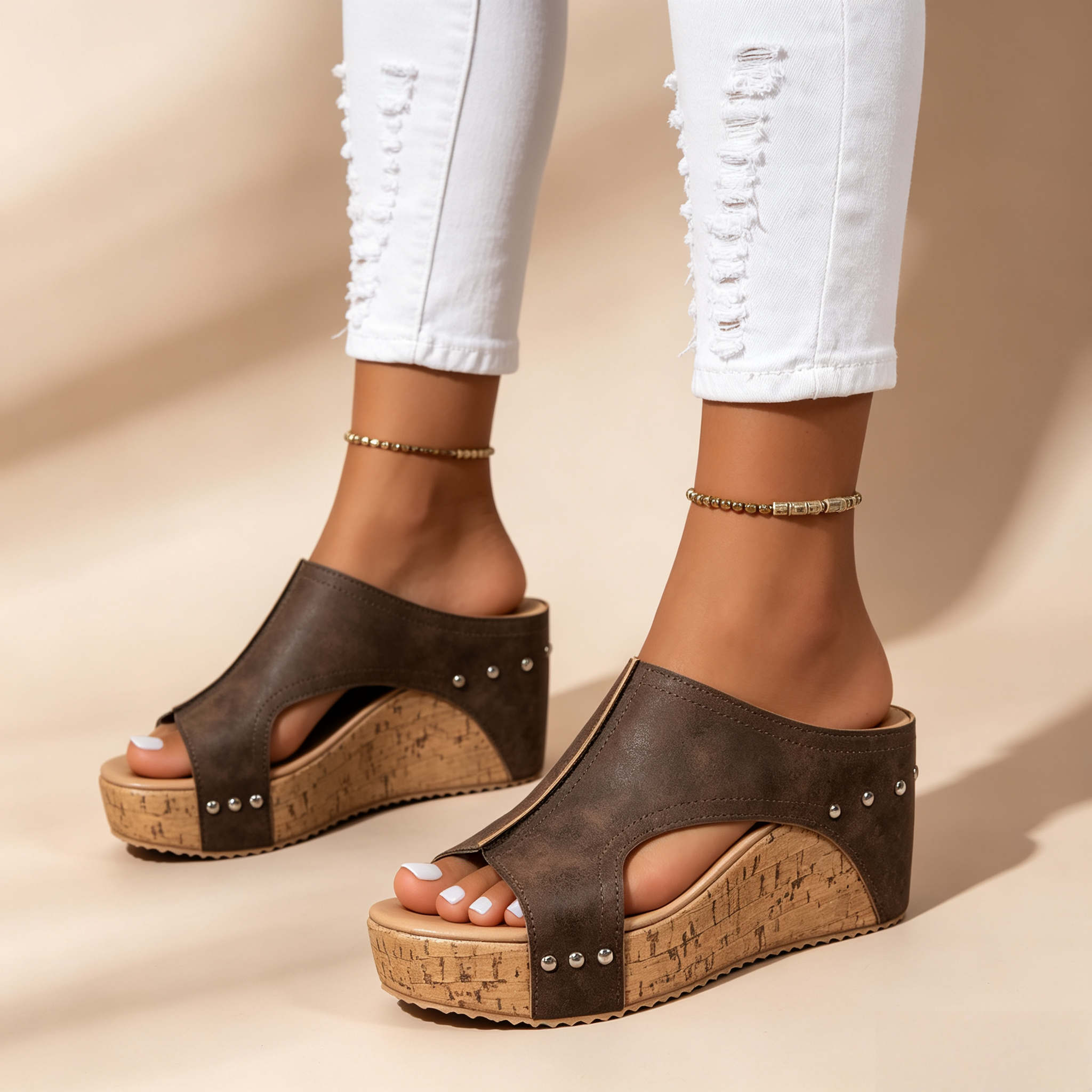 Women's Peep Toe Cork Wedge Platform Mules with Studs