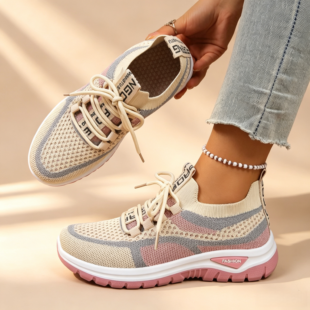 Women's Breathable Mesh Colorblock Sneakers – Lightweight Lace-Up Casual Sports Shoes