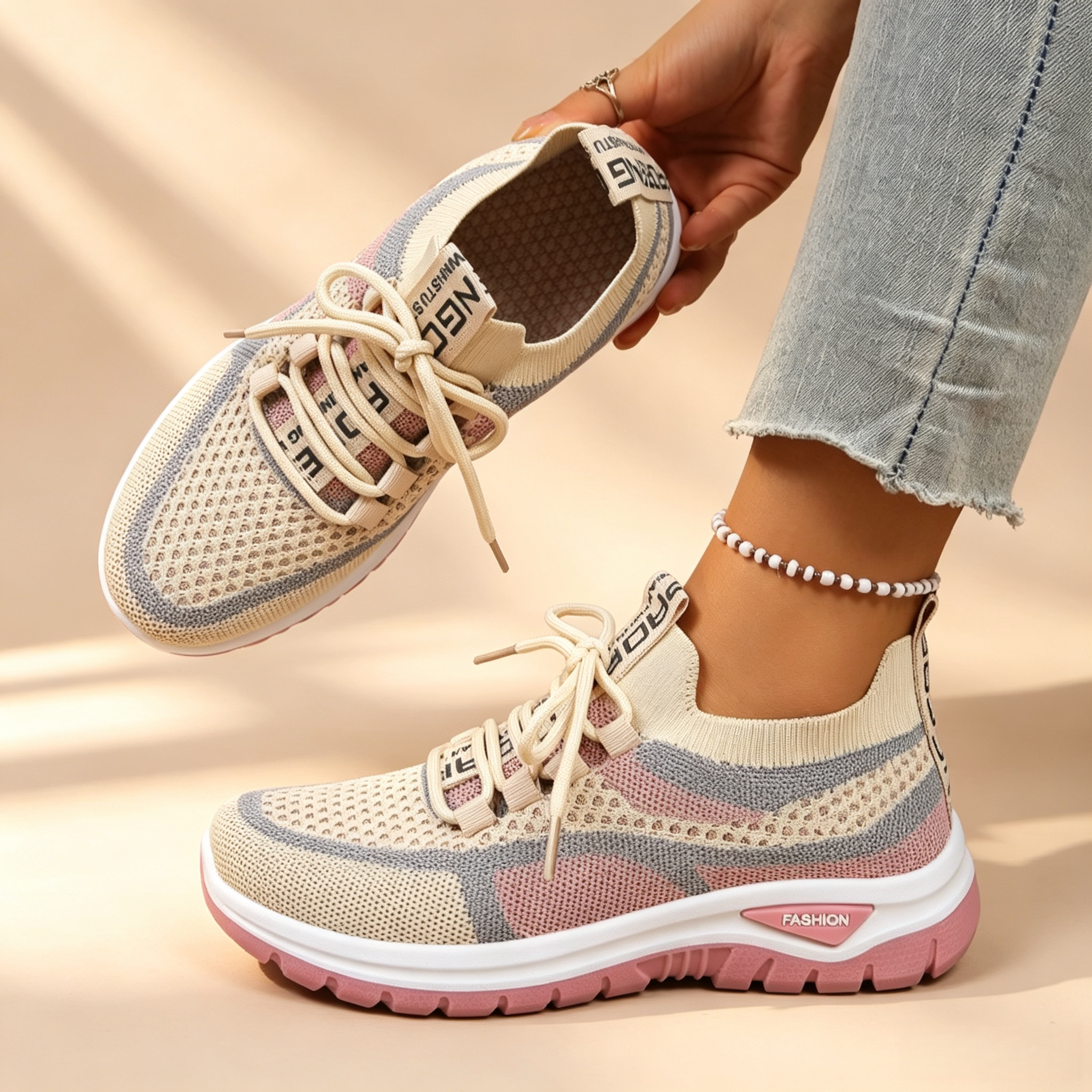 Women's Breathable Mesh Colorblock Sneakers – Lightweight Lace-Up Casual Sports Shoes