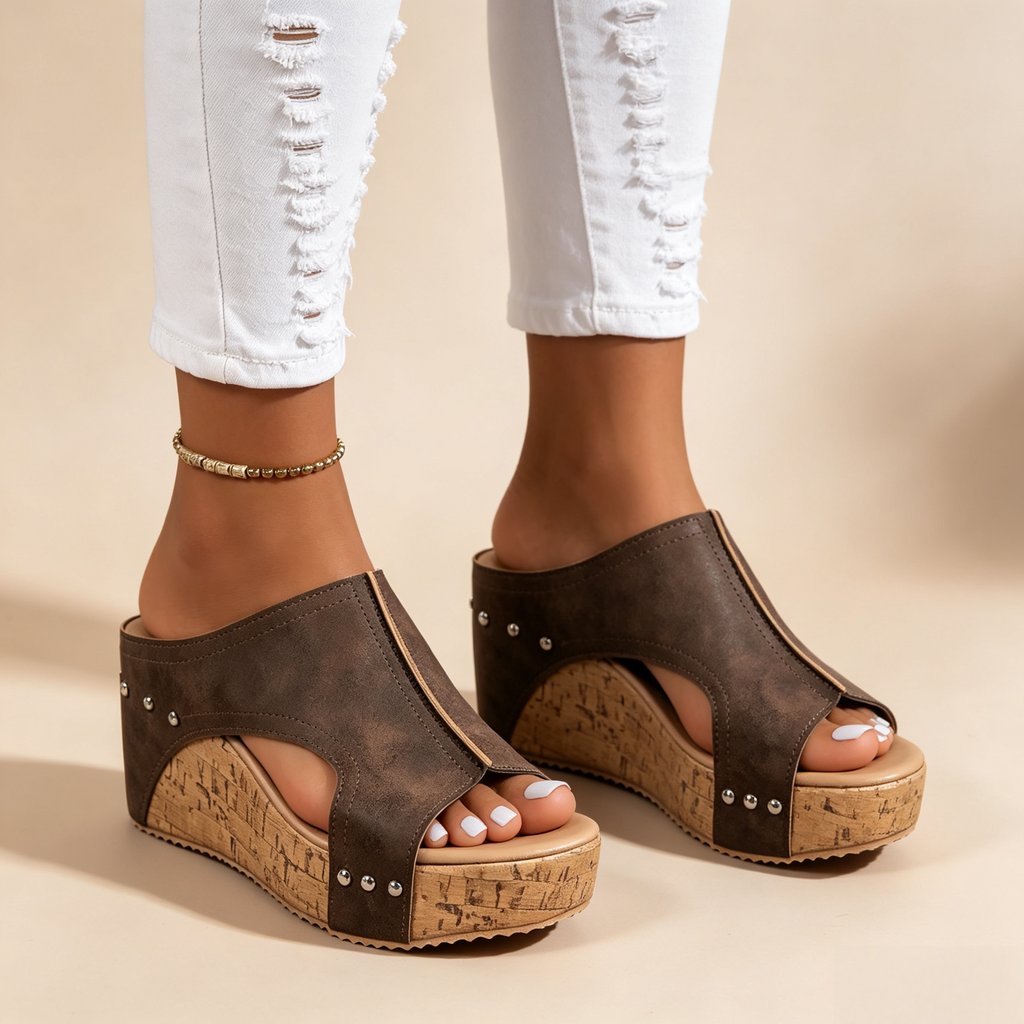 Women's Peep Toe Cork Wedge Platform Mules with Studs