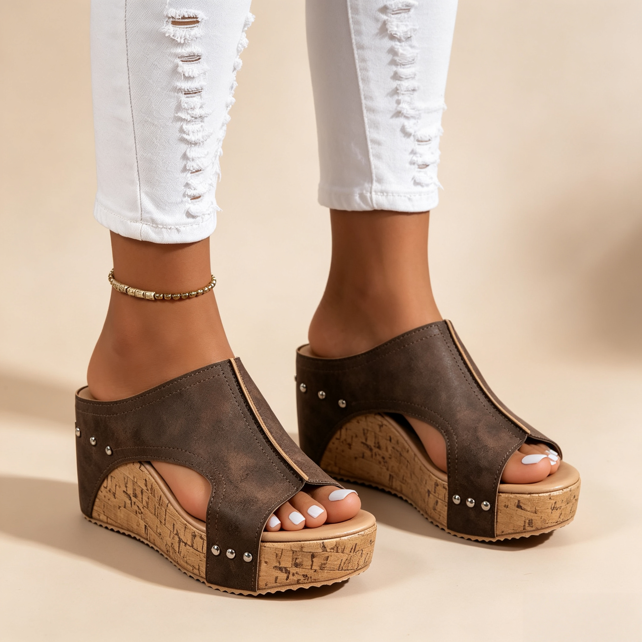 Women's Peep Toe Cork Wedge Platform Mules with Studs