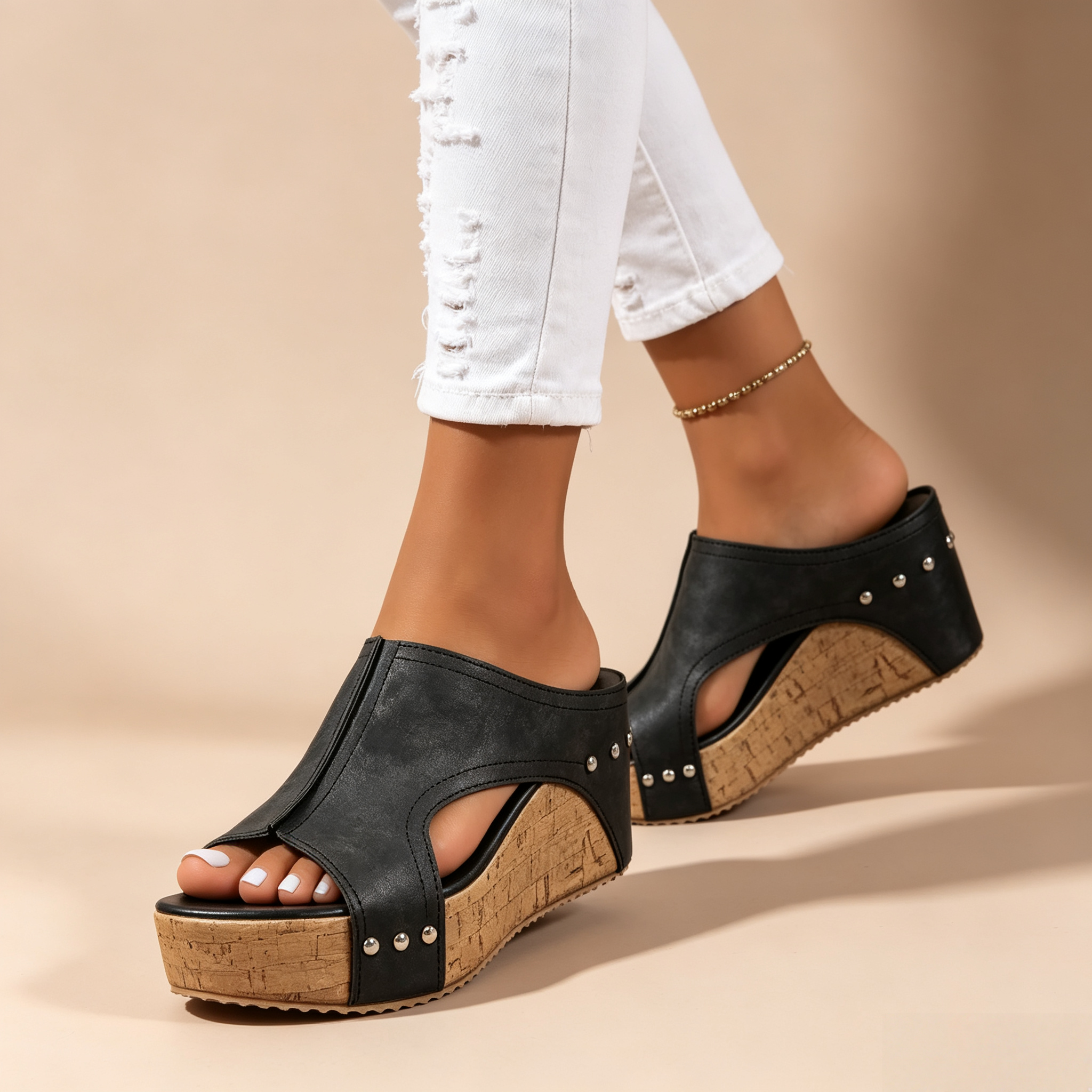 Women's Peep Toe Cork Wedge Platform Mules with Studs