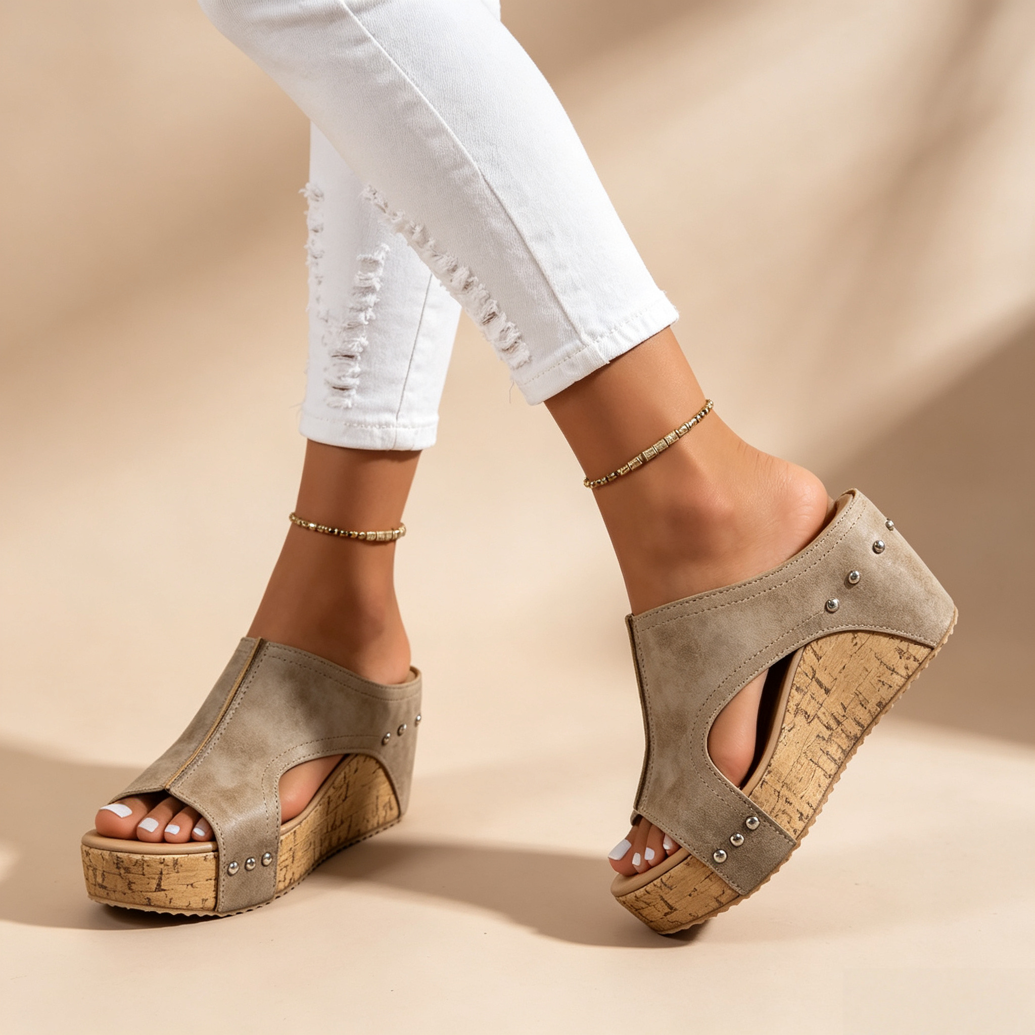 Women's Peep Toe Cork Wedge Platform Mules with Studs