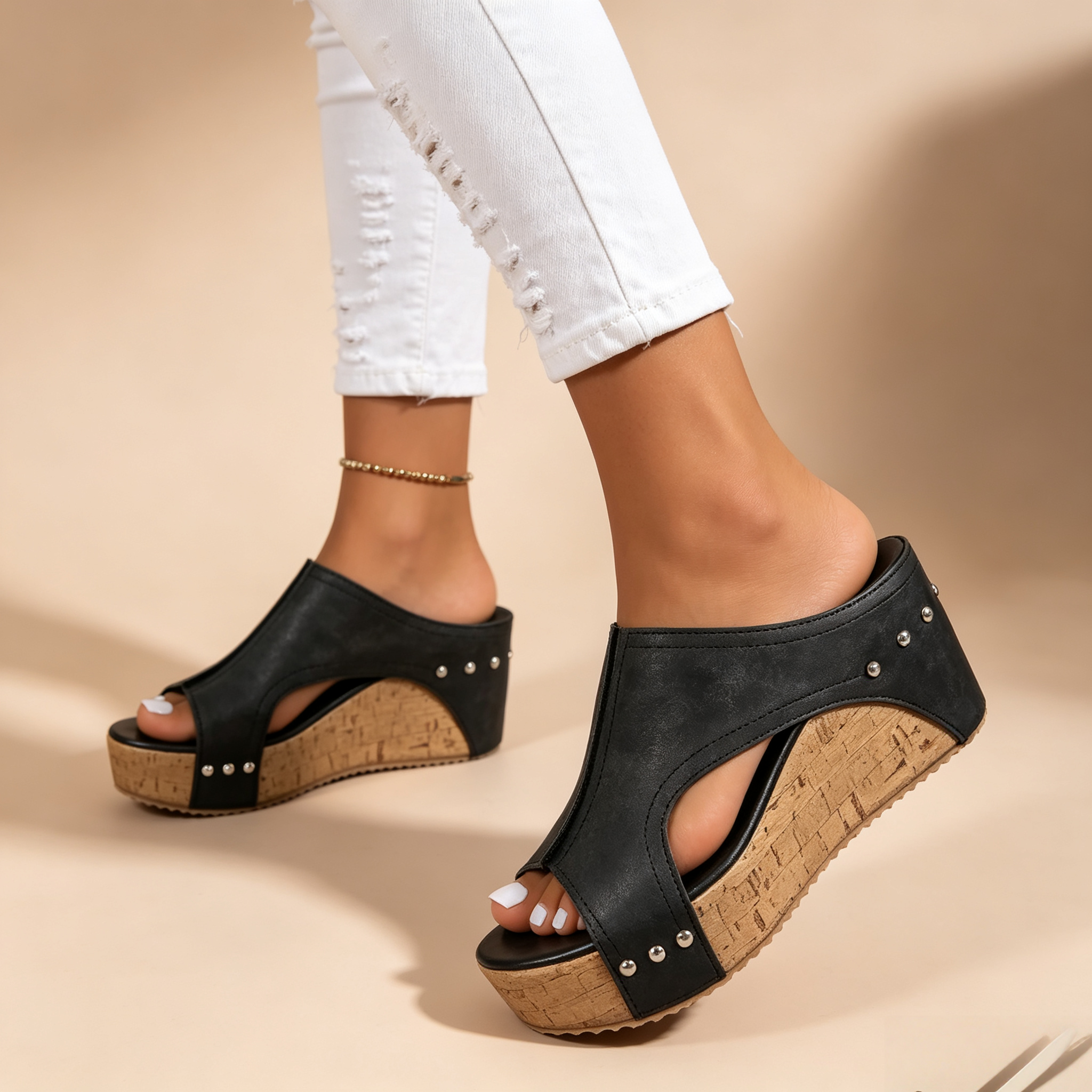 Women's Peep Toe Cork Wedge Platform Mules with Studs