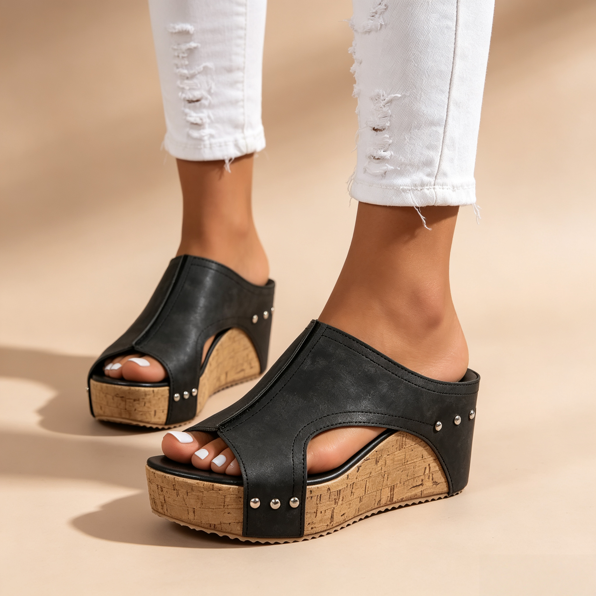 Women's Peep Toe Cork Wedge Platform Mules with Studs
