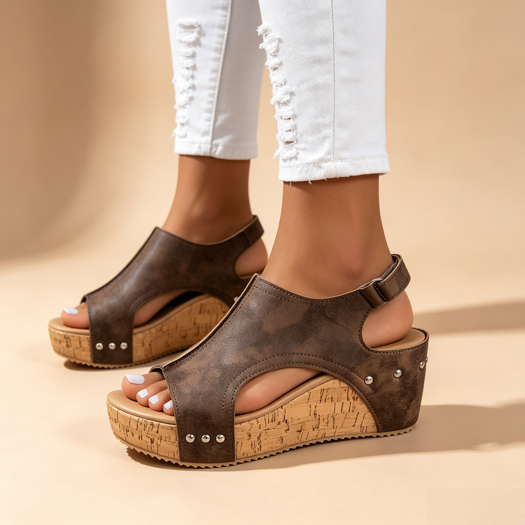 Women's Peep Toe Cork Wedge Platform Mules with Studs