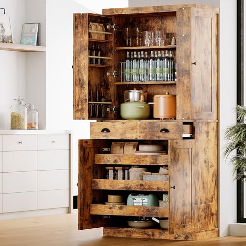 White 72" Tall Kitchen Pantry Cabinet with Sliding Storage Rack and 6 Hanging Shelves E202852