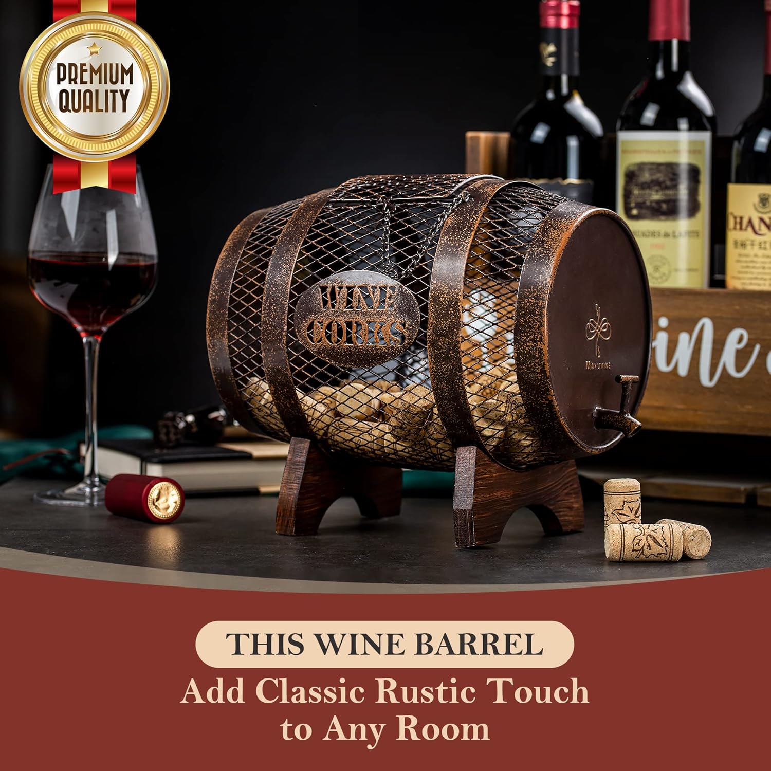 Rustic Metal Large Barrel Wine Cork Holder Display On Wooden Stand L42063
