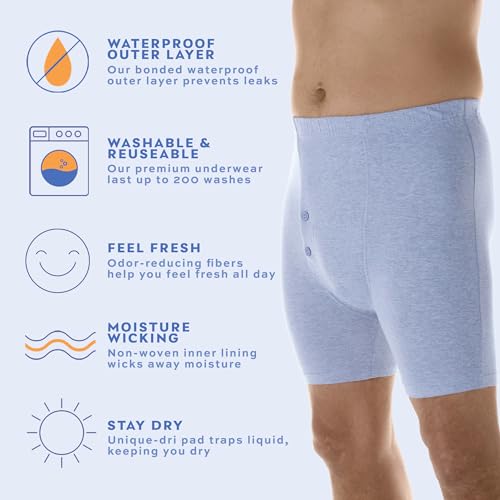 Men’s Incontinence Boxer Briefs, Regular Absorbency, Reusable & Washable Leak Proof Underwear, Pack of 6, Assorted, L, Waist 38-40 F6452