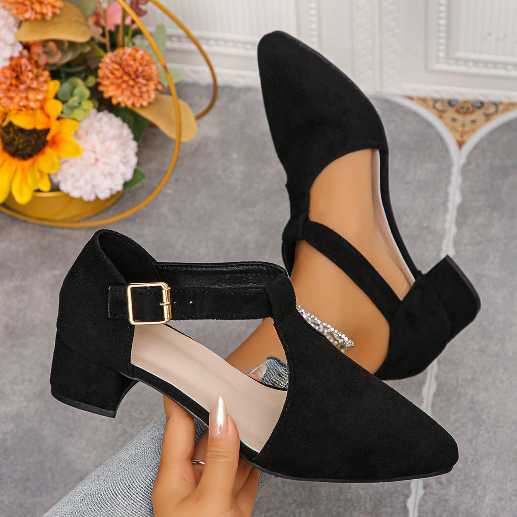 Women's Pointed Toe T-Strap Low Block Heel Shoes