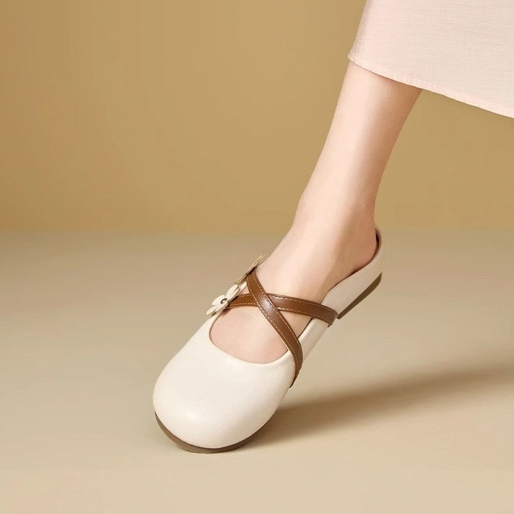 Flower Decor Flat Mule Slippers - Cross Strap Design