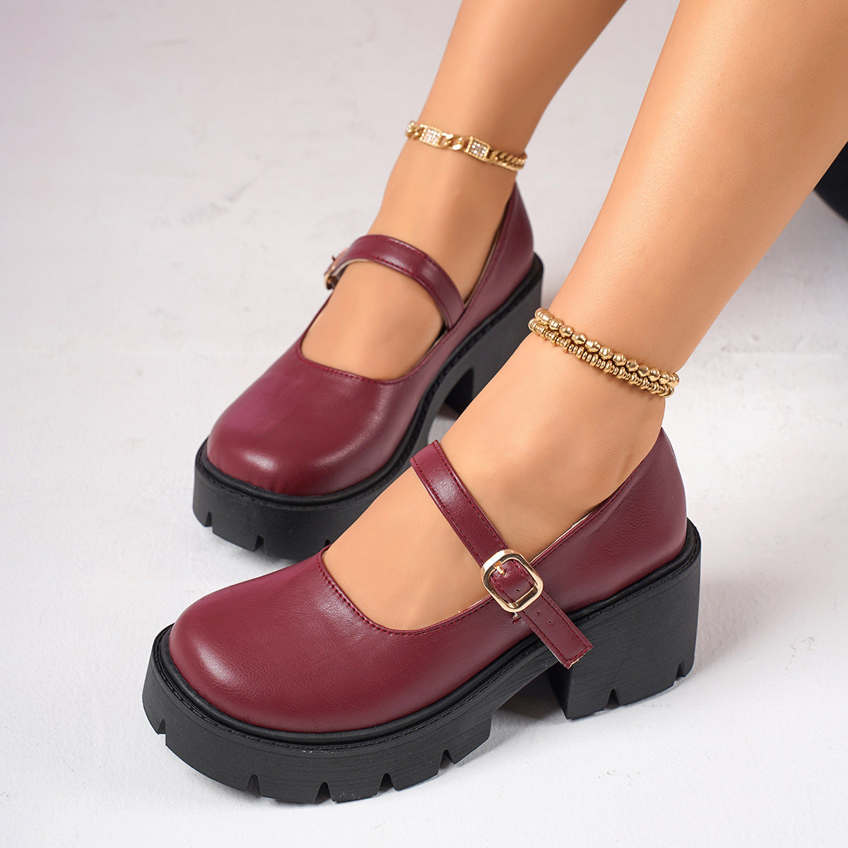 Women's Chunky Platform Mary Jane Shoes with Buckle Strap – Thick Lug Sole Block Heel Flats