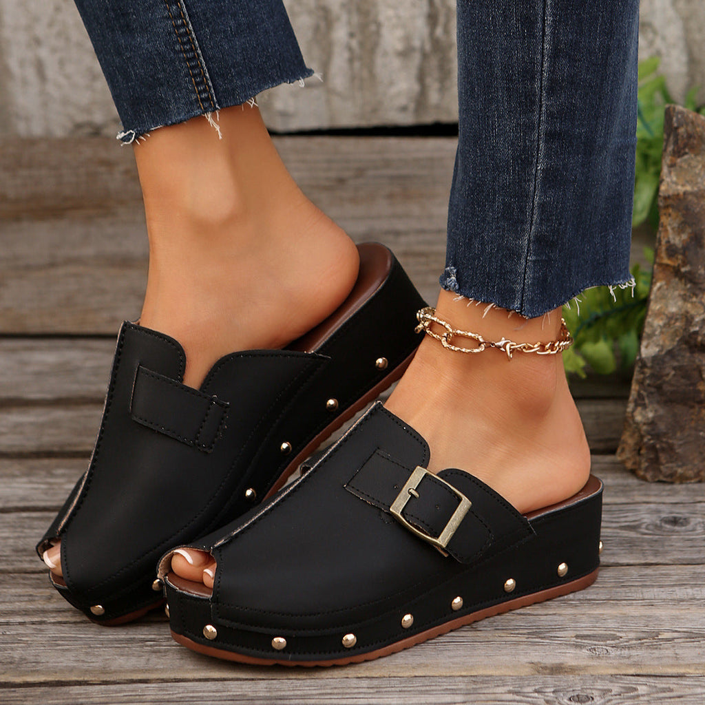 Women's Studded Peep Toe Platform Mules with Buckle Strap