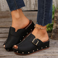 Women's Studded Peep Toe Platform Mules with Buckle Strap