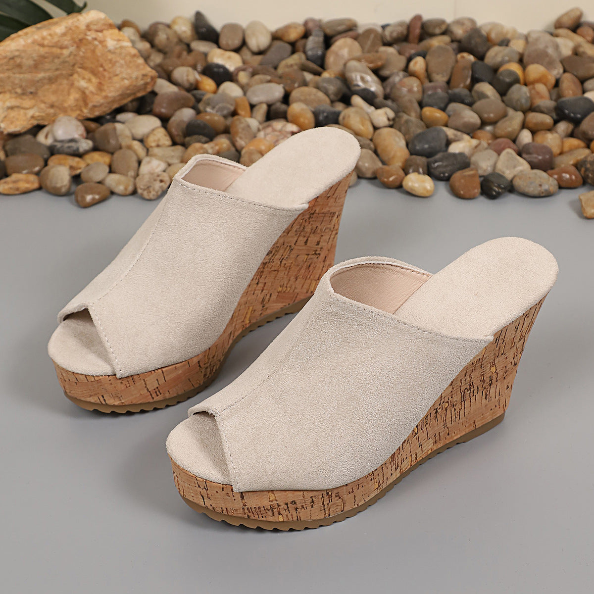 Platform Cork Wedge Mules with Open Toe