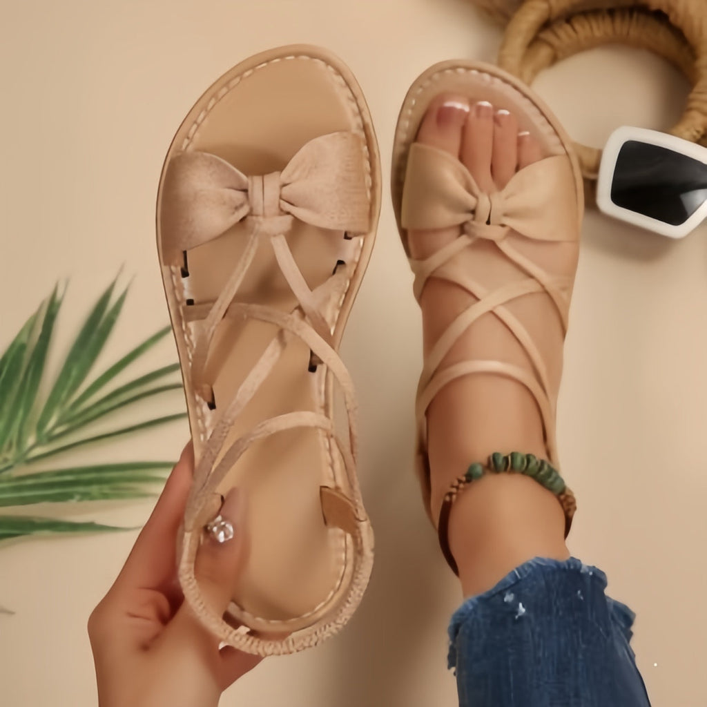 Women's Crisscross Strappy Bow Flat Sandals – Elegant Summer Gladiator Style