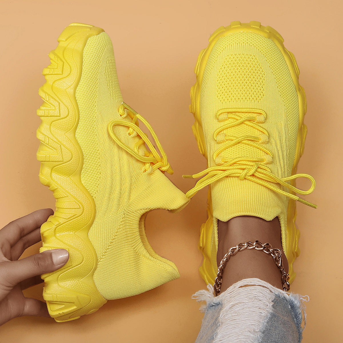Chunky Knit Platform Sneakers - Thick Sole Casual Shoes