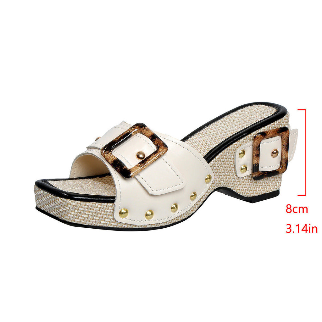 Women's Peep Toe Buckle Platform Mules with Leopard Print & Woven Block Heel