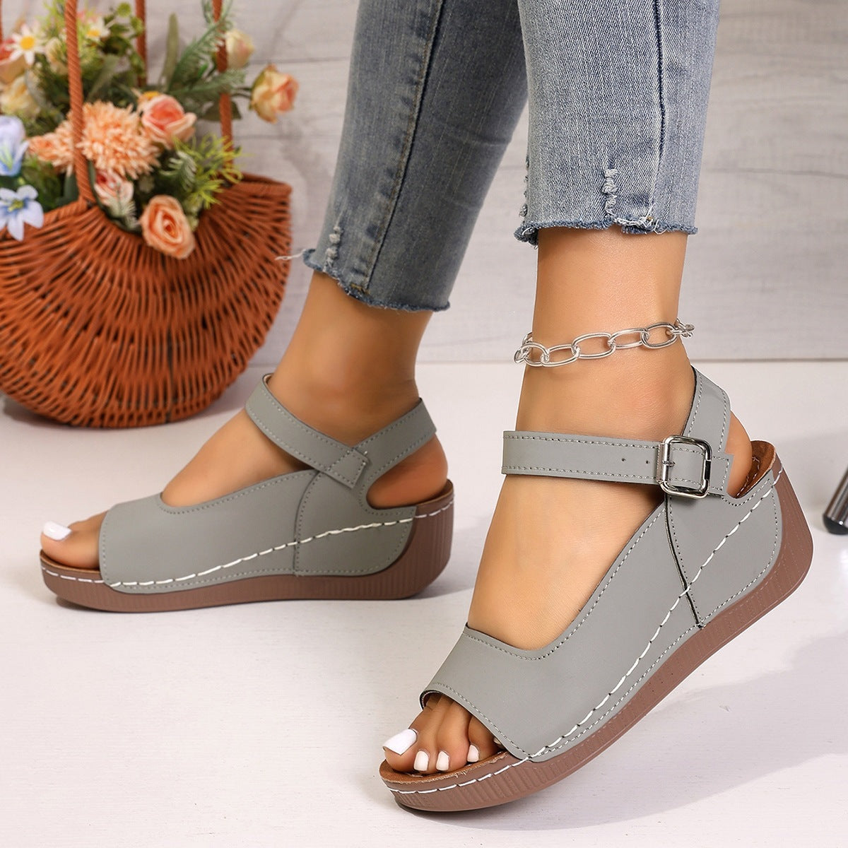 Women's Platform Wedge Sandals with Ankle Buckle Strap – Open Toe Peep Toe Summer Shoes (6cm Wedge)