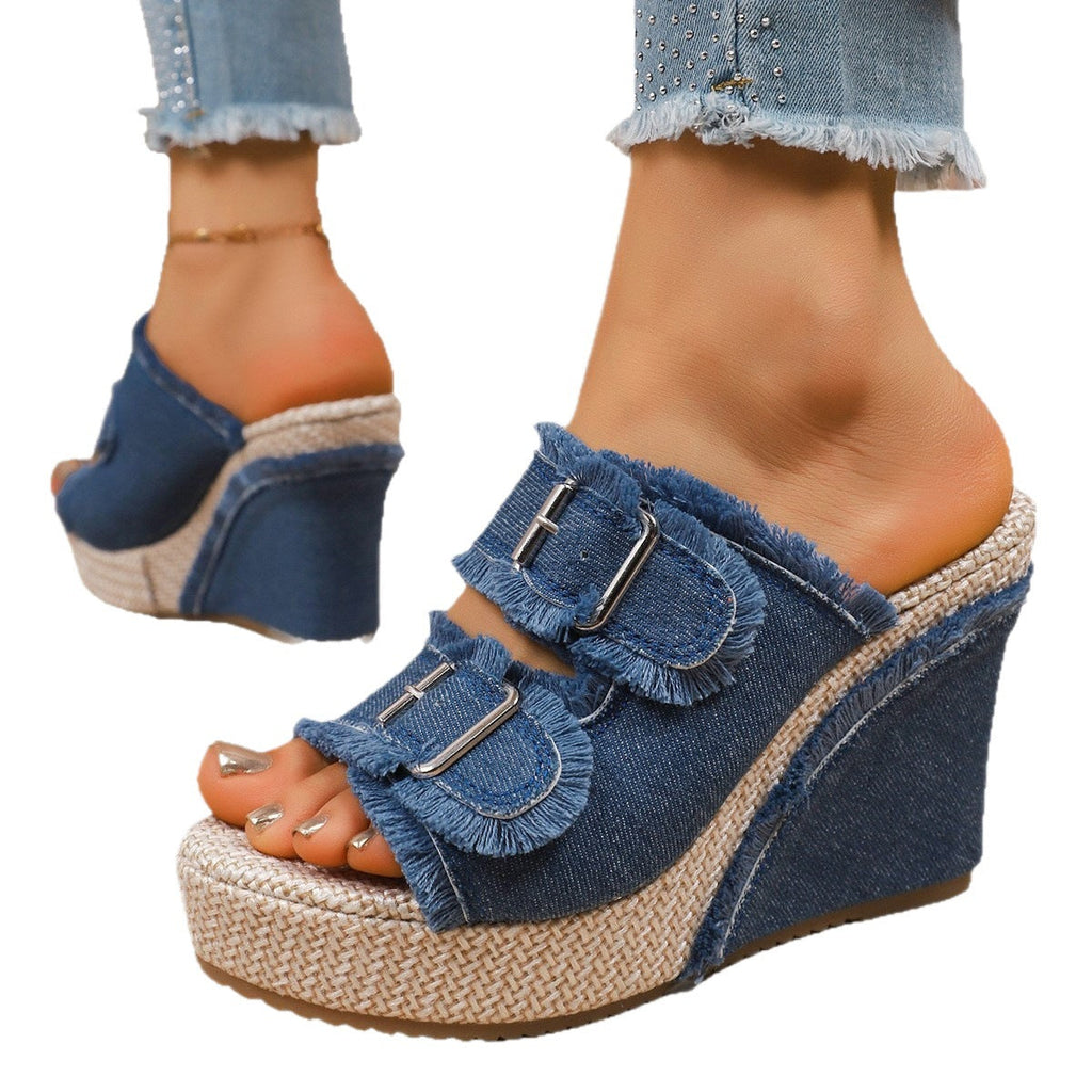 Women's Denim Wedge Platform Sandals – Double Buckle Frayed Strap Espadrille Mules