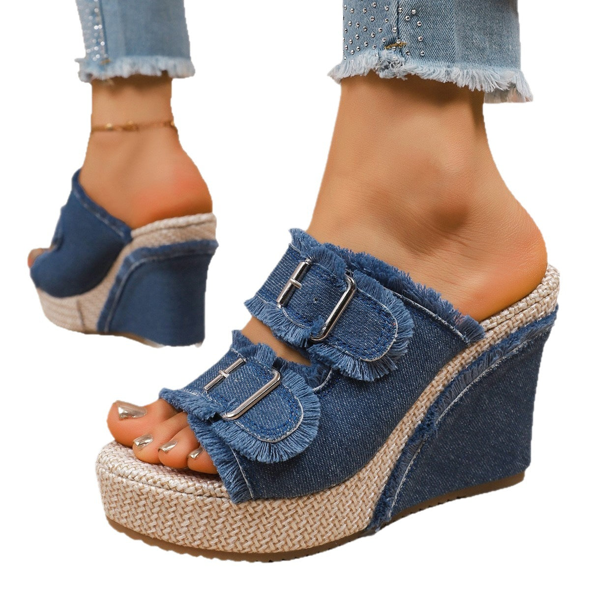 Women's Denim Wedge Platform Sandals – Double Buckle Frayed Strap Espadrille Mules