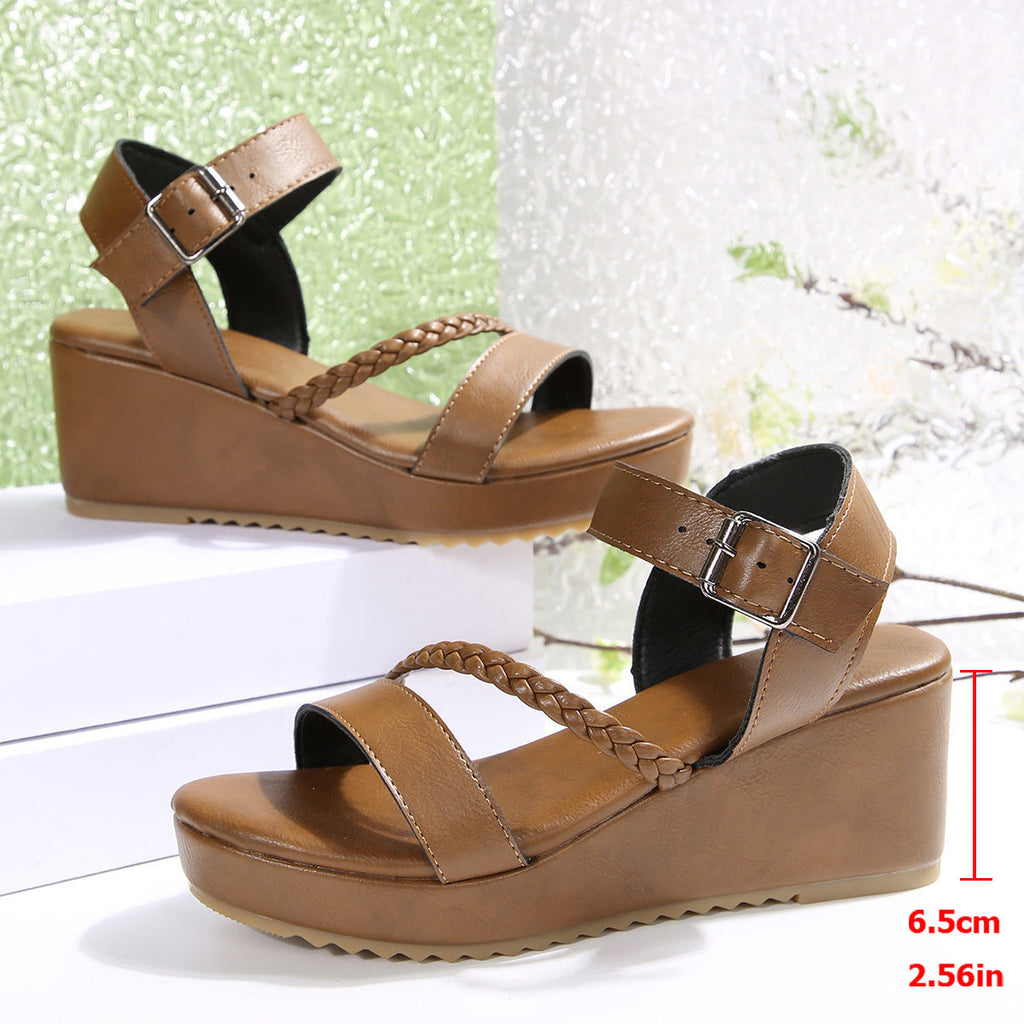 Women's Braided Strap Platform Wedge Sandals with Ankle Buckle