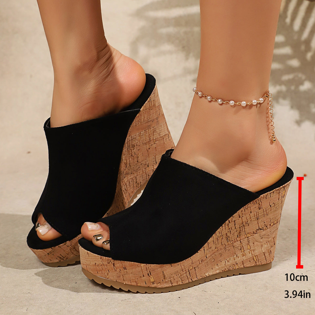 Platform Cork Wedge Mules with Open Toe