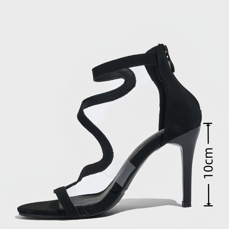 Women's 8cm Stiletto Heel Sandals – Crisscross Clear Strap Ankle Zip Black Heels