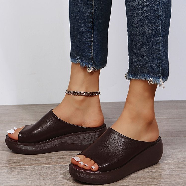 Women's Chunky Platform Peep Toe Wedge Slide Mules