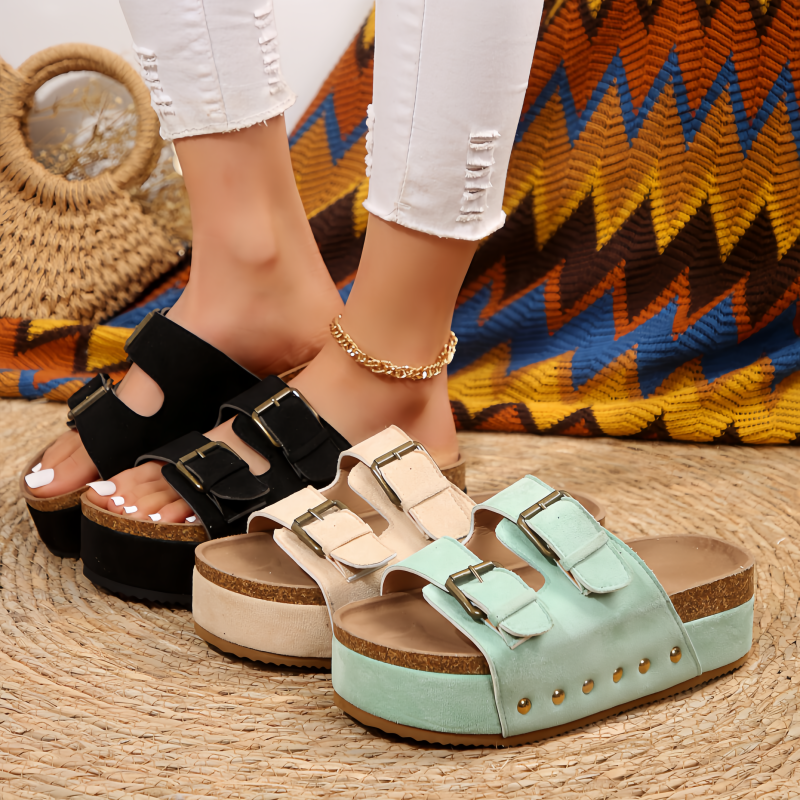 Women's Double Buckle Platform Cork Sandals - Thick Sole Summer Slides