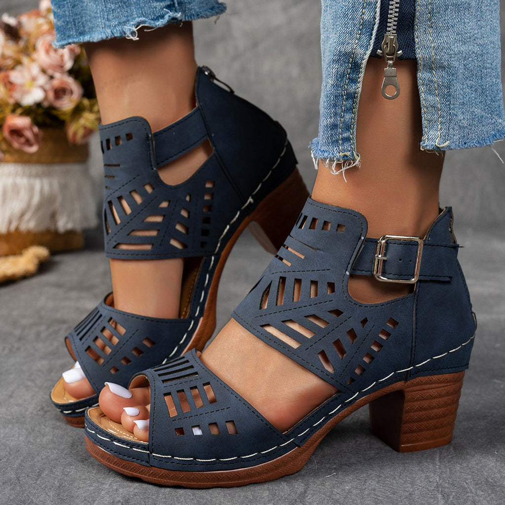 Women's Cutout Peep Toe Block Heel Sandals with Ankle Buckle & Zipper