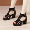Women's Hollow-Out Platform Block Heel Sandals – Rhinestone Cutout Strappy Peep Toe Heels