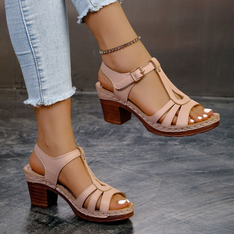 Women's 7cm Chunky Block Heel Sandals - T-Strap Cutout Platform Sandals