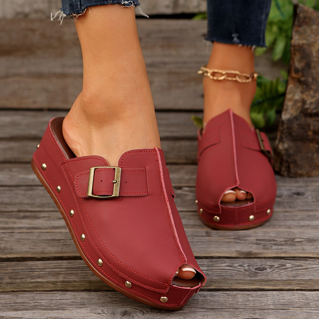 Women's Studded Peep Toe Platform Mules with Buckle Strap