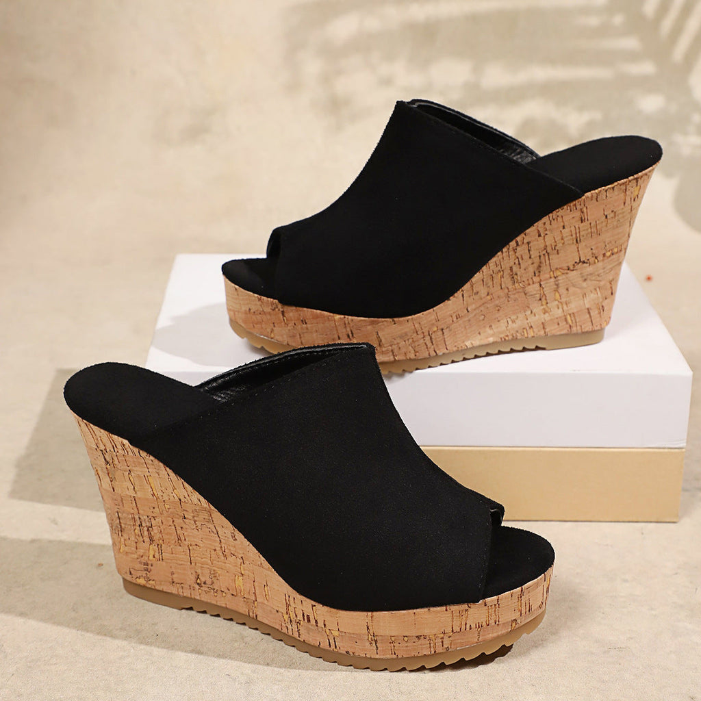 Platform Cork Wedge Mules with Open Toe
