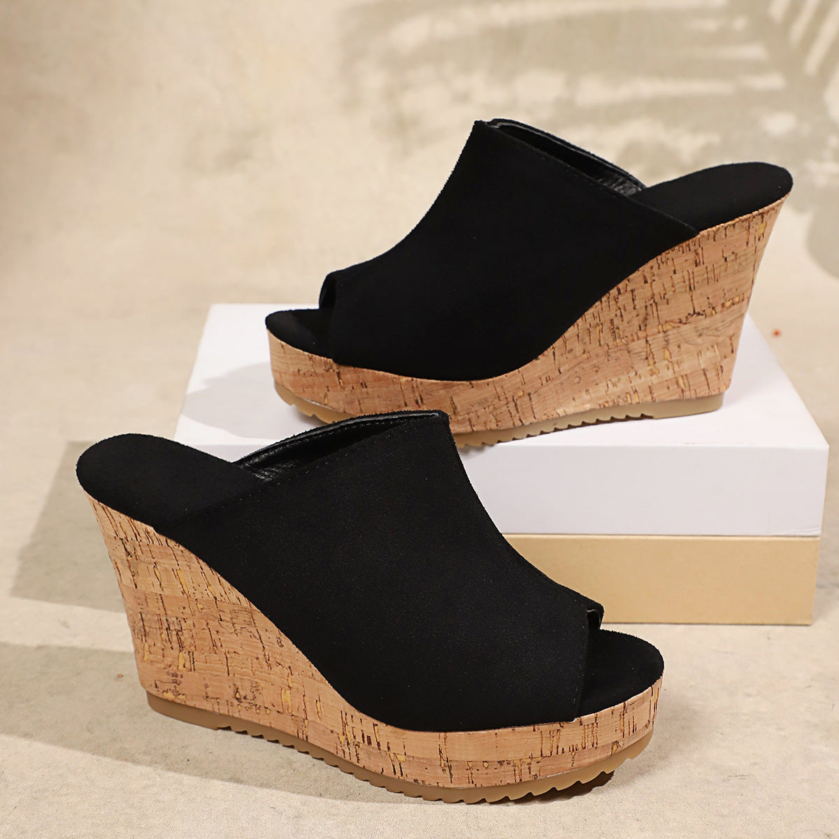 Platform Cork Wedge Mules with Open Toe