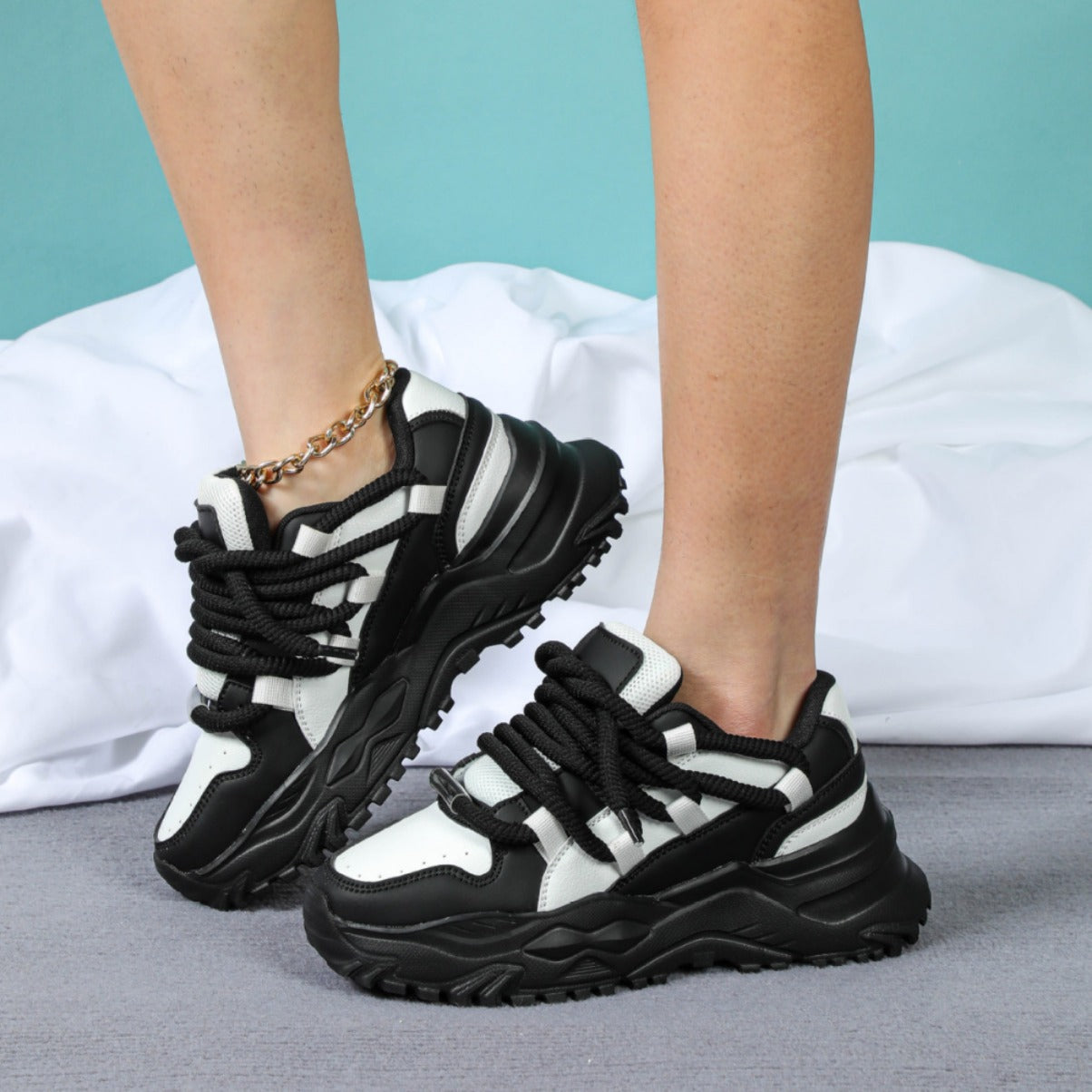 Women's Chunky Platform Colorblock Sneakers – Thick Sole Rope Lace Dad Shoes