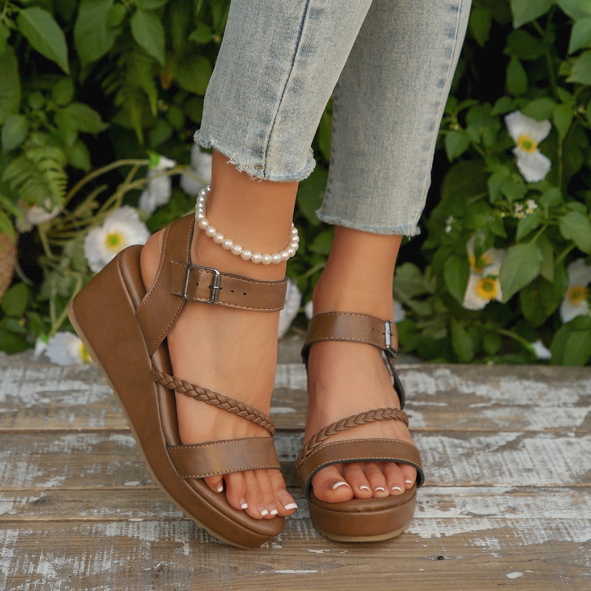 Women's Braided Strap Platform Wedge Sandals with Ankle Buckle