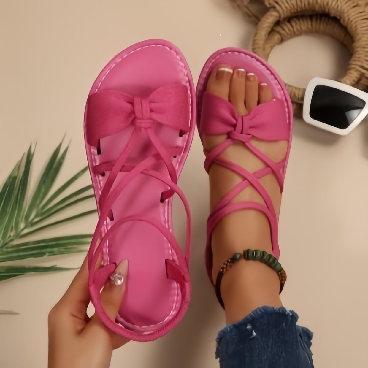 Women's Crisscross Strappy Bow Flat Sandals – Elegant Summer Gladiator Style
