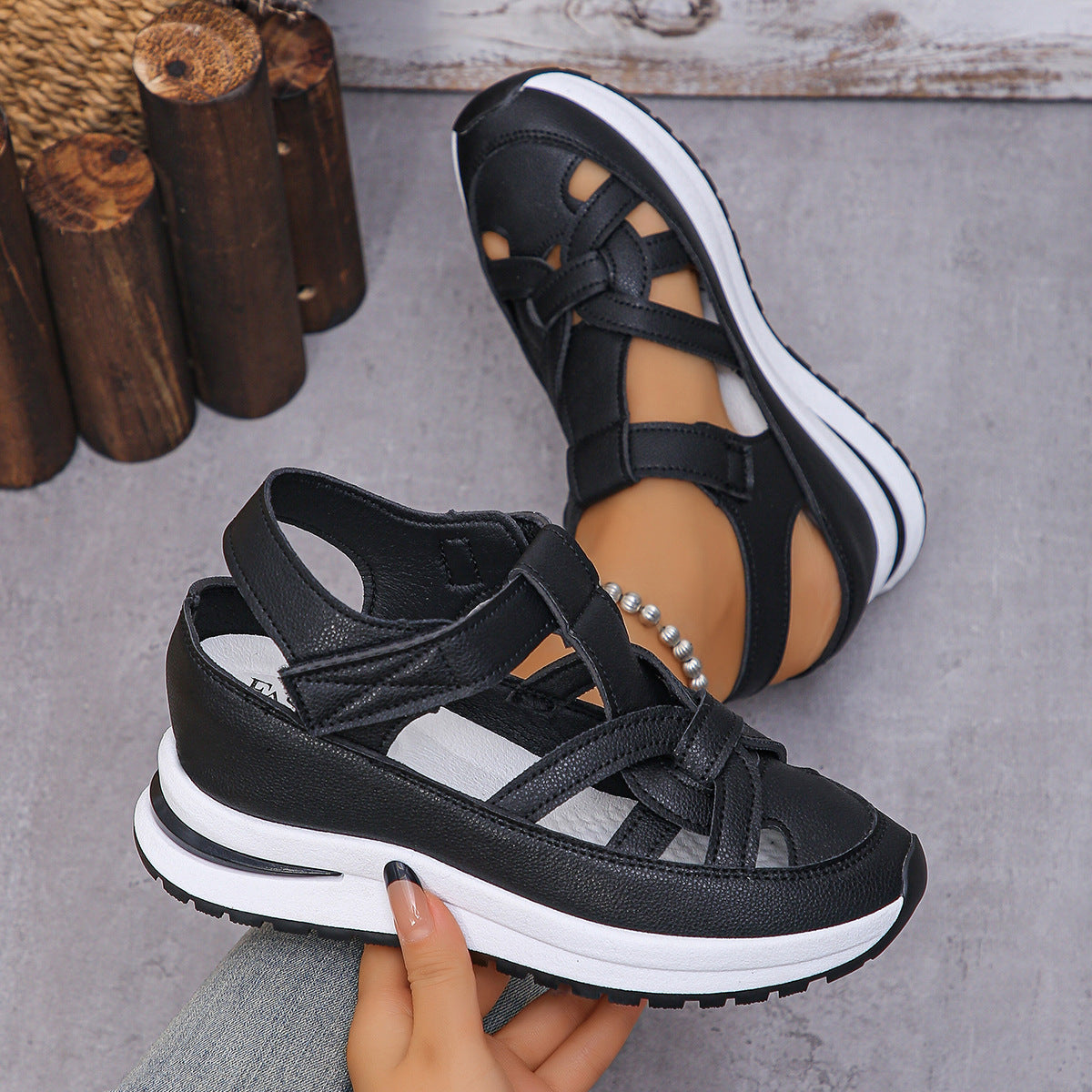 Women's Platform Wedge Sandals - Comfortable Braided Strap Velcro Sporty Sandals