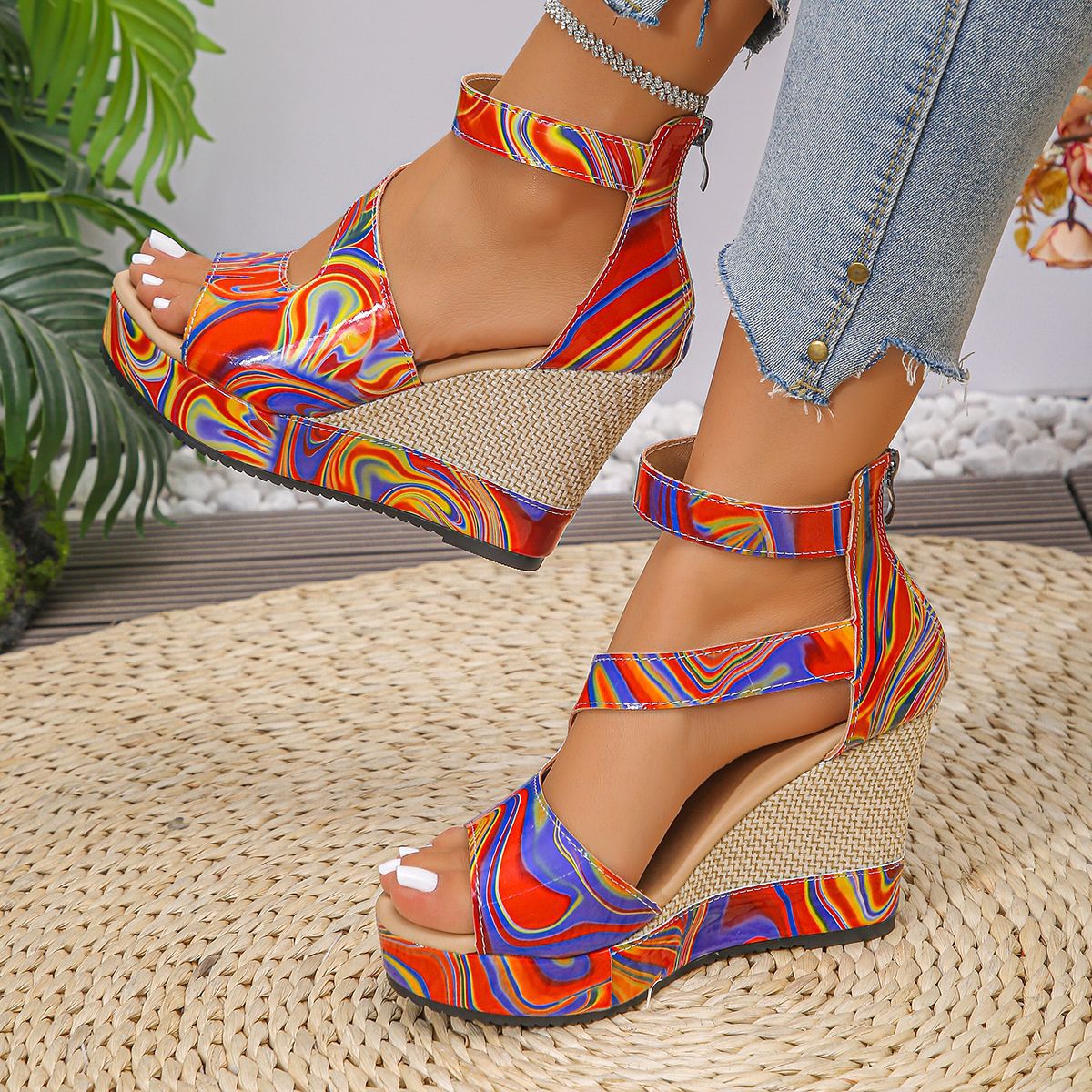 Colorful Platform Wedge Sandals with Ankle Strap