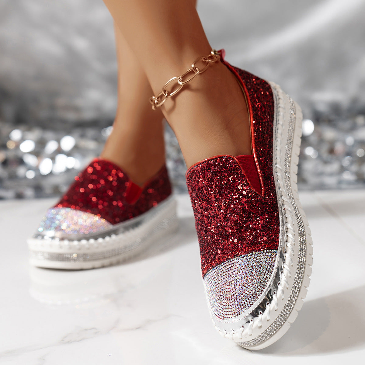 Sparkle Rhinestone Platform Slip-On Sneakers – Bling Crystal Chunky Loafers for Women