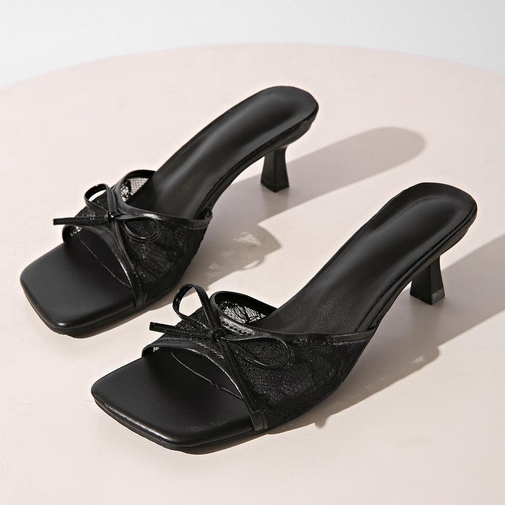 Square Toe Lace Bow Kitten Heel Mules – Sexy Mesh Slip-on Sandals