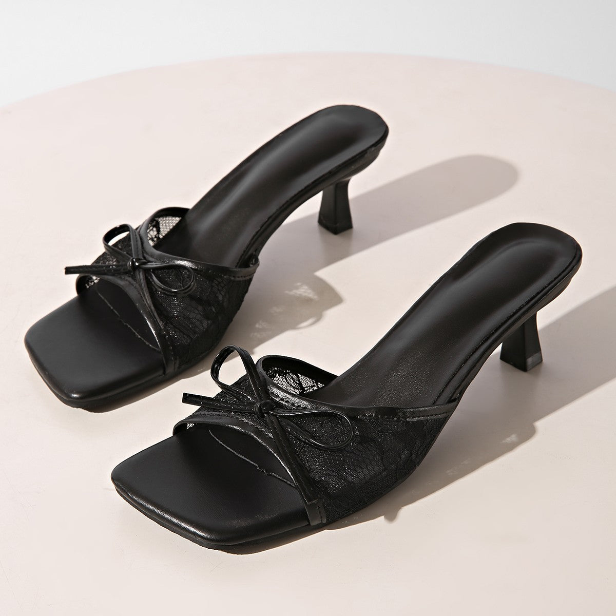 Square Toe Lace Bow Kitten Heel Mules – Sexy Mesh Slip-on Sandals