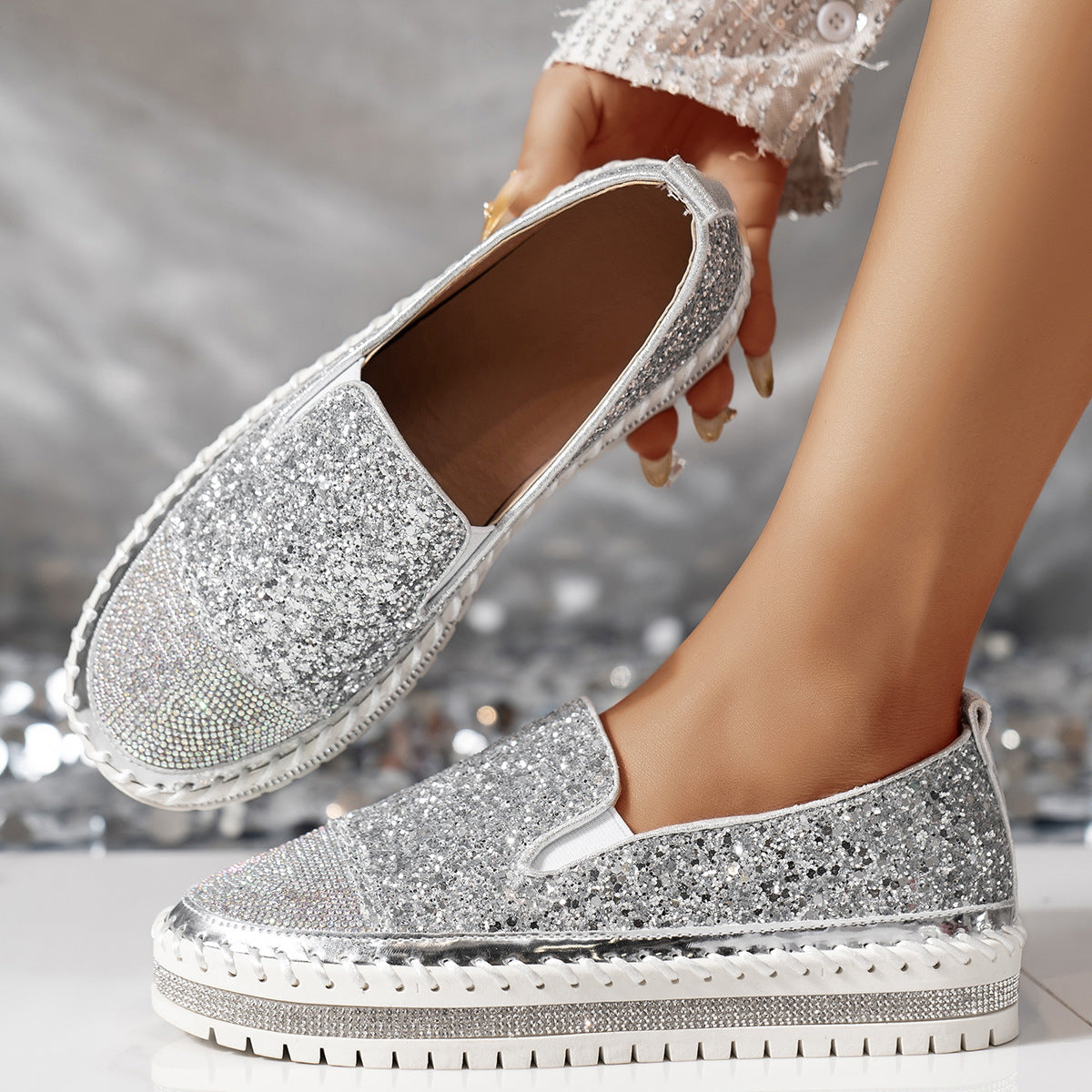 Sparkle Rhinestone Platform Slip-On Sneakers – Bling Crystal Chunky Loafers for Women