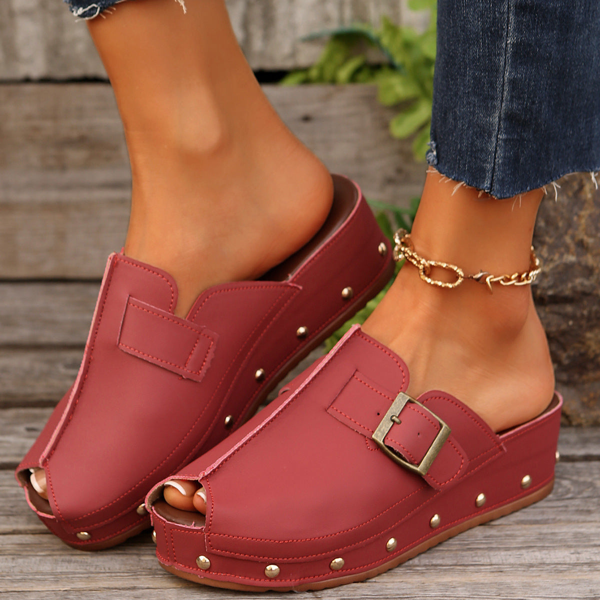 Women's Studded Peep Toe Platform Mules with Buckle Strap