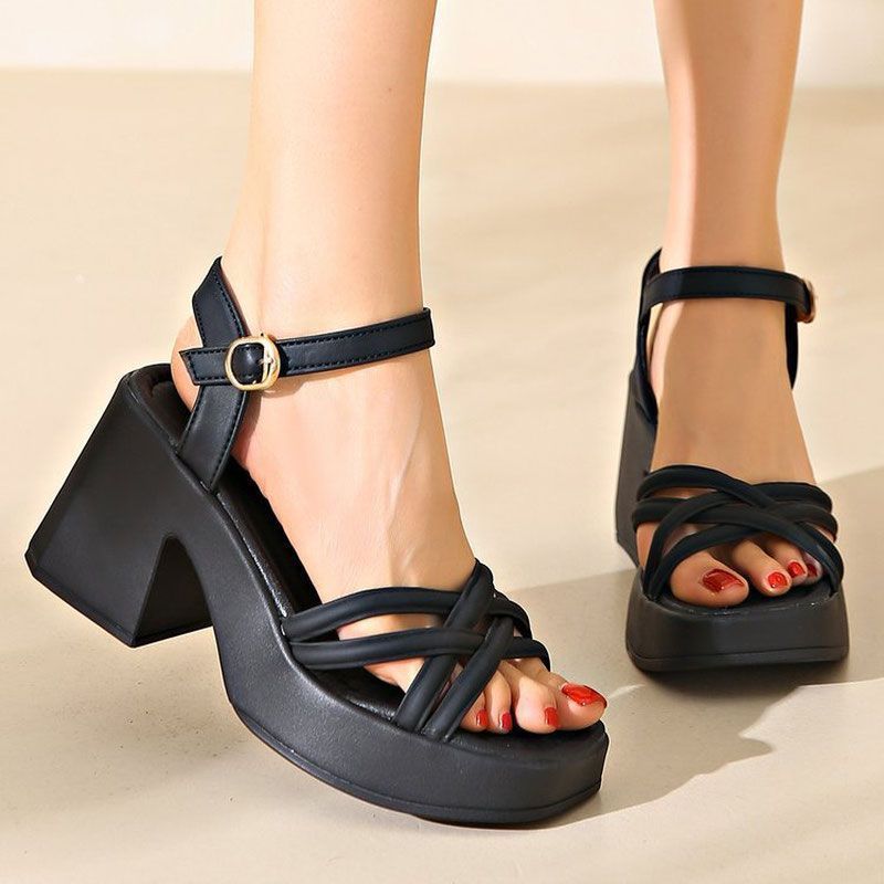 Women's Chunky Platform Block Heel Sandals – Crisscross Strappy Ankle Buckle Heels